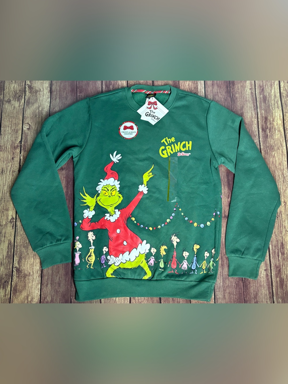 🆕 Dr. Seuss Unisex The Grinch Green Sweatshirt with Red & Yellow Graphic Size S
